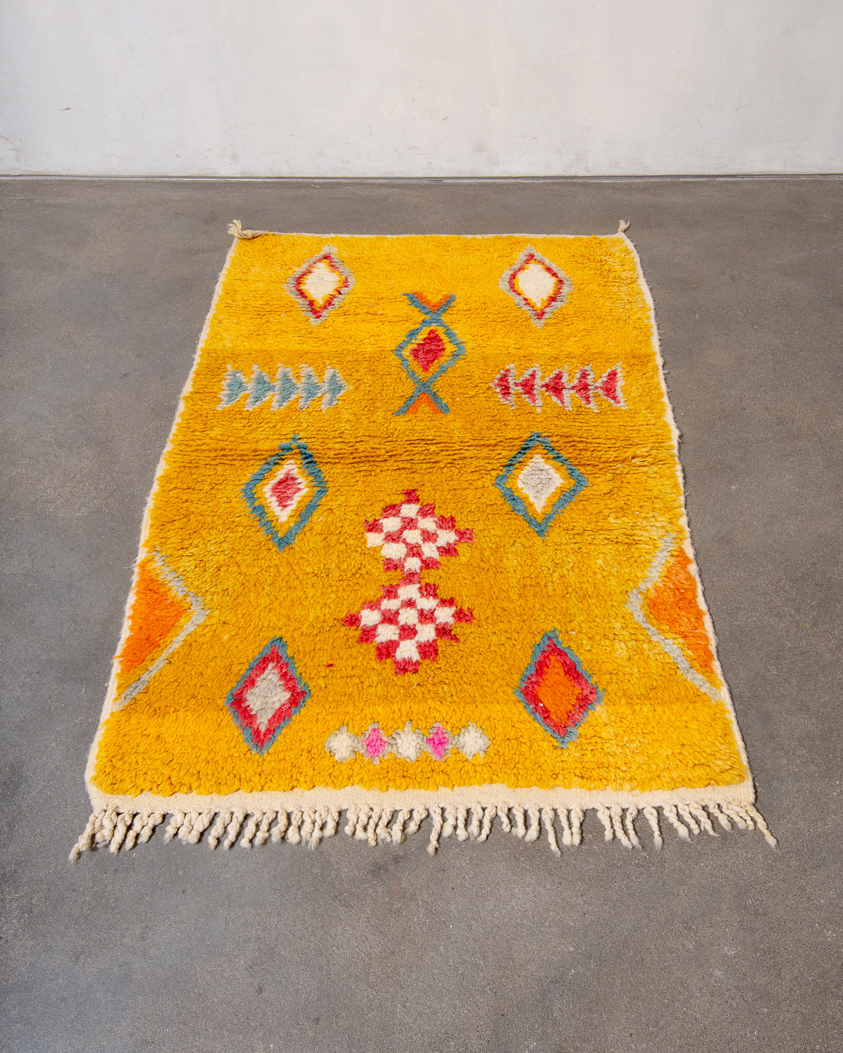 Modern, designer, handcrafted Berber rug from Morocco. Vintage carpet with beautiful colours and patterns and fluffy texture.